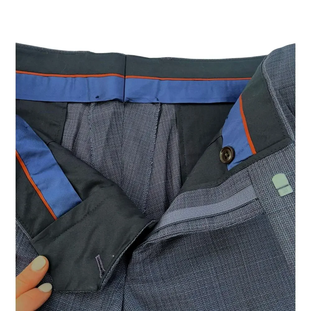 Ted Baker Karl Slim Fit 100% Wool Dress Pants, Micro Plaid Blue | 33 Short Unhem - Picture 7 of 14